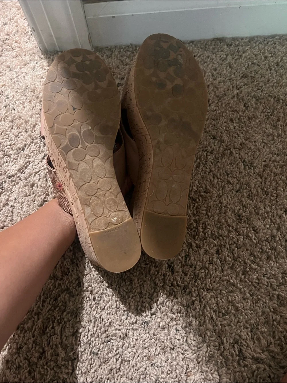 COACH Cross Band Wedge Sandals tan pale blush in leather signature Size 6B